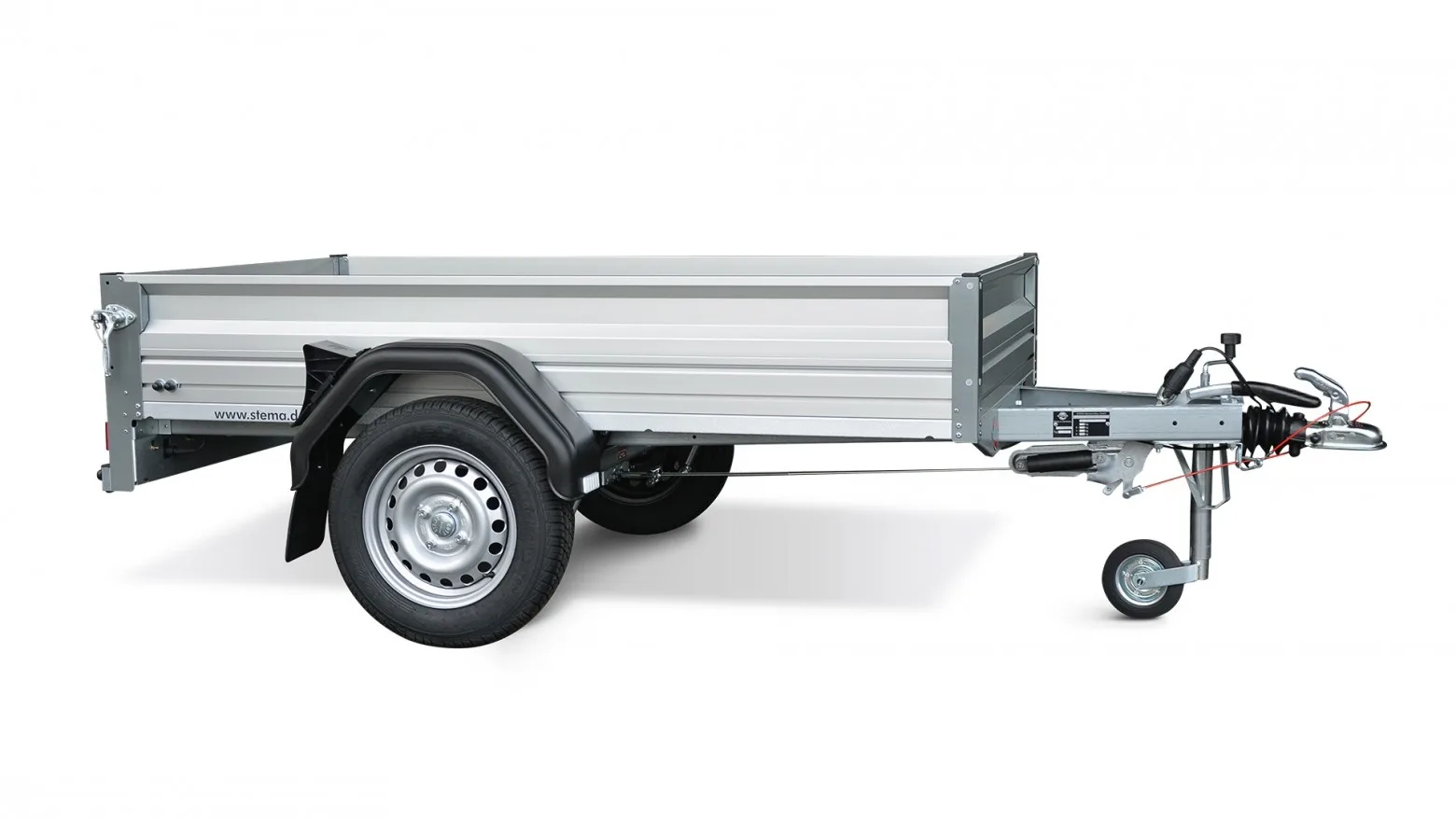 STEMA Kastenanhänger FT 850 kg, gebremst, 201x108 cm mit Plane grau und Spriegel 80 cm hoch & Stützen