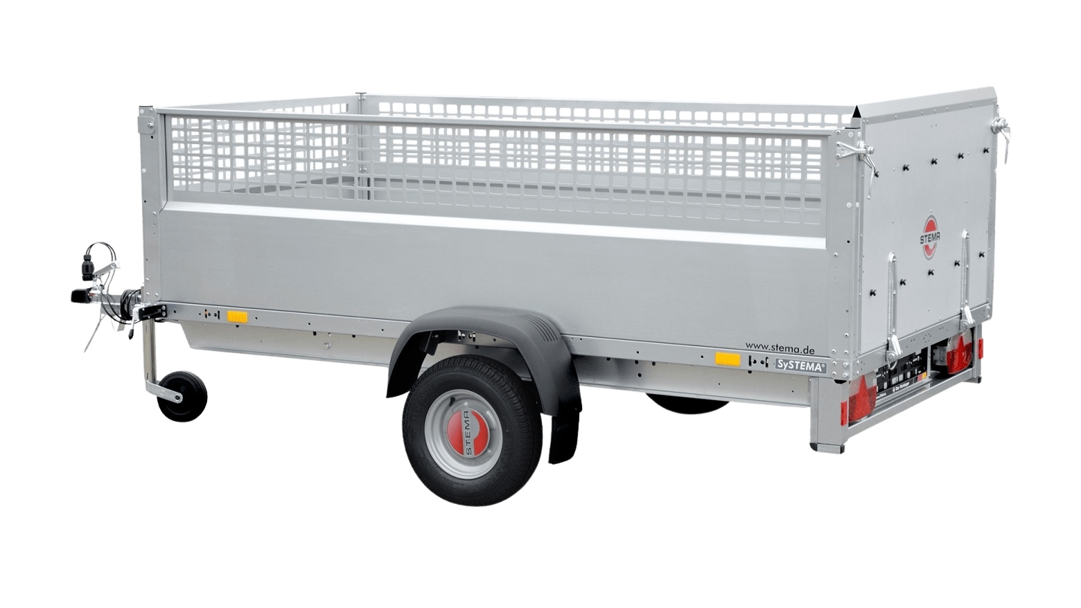 Silver Metal Transport Trailer with Tall Perforated Side Panels Single axle Wheel and a Front Hitch Positioned for Towing by a Vehicle