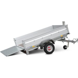 Tilt-bed trailer with ramp lowered, silver metal trailer on a single axle and hitch for towing, ready to load equipment.