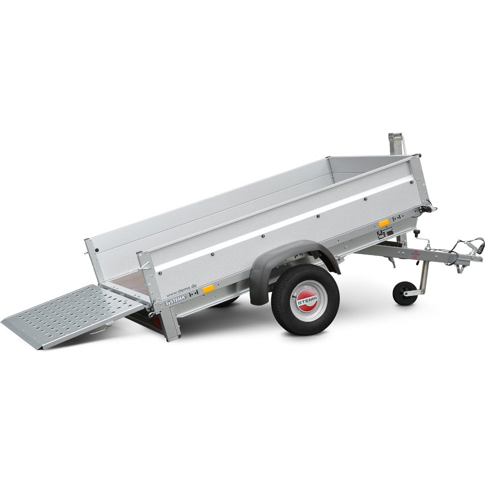 Tilt-bed trailer with ramp lowered, silver metal trailer on a single axle and hitch for towing, ready to load equipment.