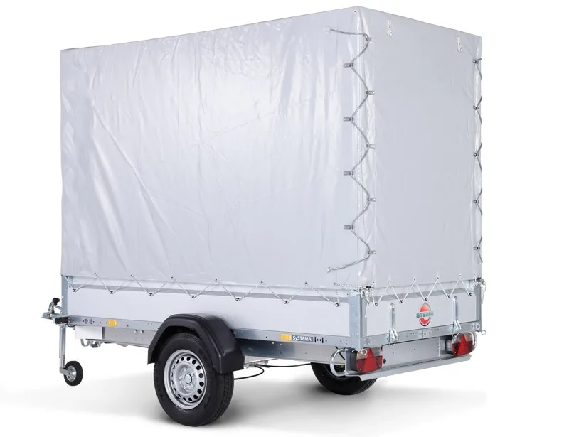STEMA Kastenanhänger SySTEMA light 1.300 kg, 251x128 cm, mit Plane grau und Spriegel 150 cm hoch
