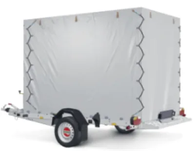 White enclosed cargo trailer on a small hitch-mounted trailer, visible rear ramp and wheel, ready for transport