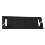 Black textured rectangular plate with diagonal pattern and white stylized end markers on both sides, showing cutouts.