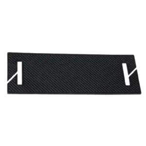 Black textured rectangular plate with diagonal pattern and white stylized end markers on both sides, showing cutouts.