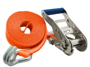Orange ratchet strap with metal tensioner and hook, used to secure cargo during transport.