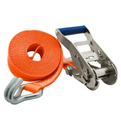 Orange ratchet strap with metal tensioner and hook, used to secure cargo during transport.