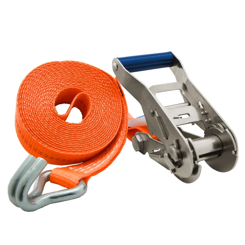 Orange ratchet strap with metal tensioner and hook, used to secure cargo during transport.