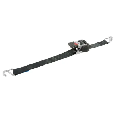 Black ratchet tie-down strap with metal J-hooks on both ends for securing cargo.