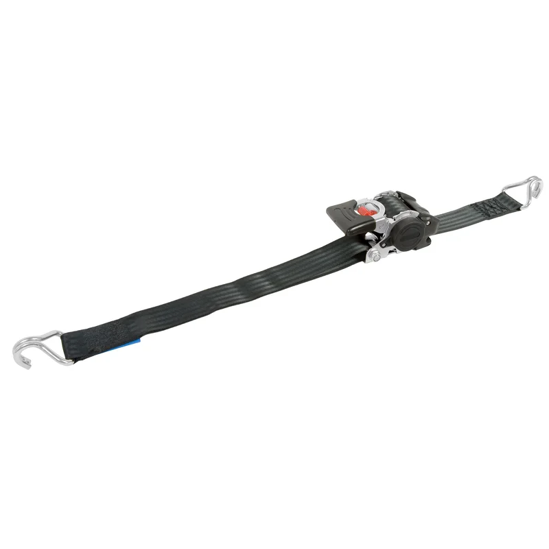 Black ratchet tie-down strap with metal J-hooks on both ends for securing cargo.