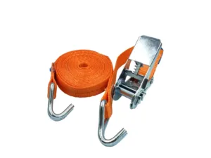 Orange ratchet strap with metal hooks used to secure cargo during transport.