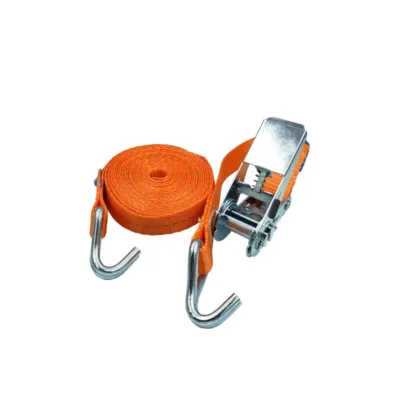 Orange ratchet strap with metal hooks used to secure cargo during transport.