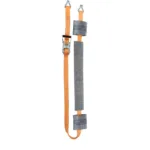 Orange adjustable safety harness with padded gray waist belt and metal buckles, shown fully extended for climbing safety