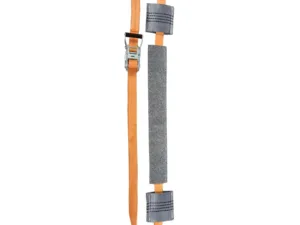 Orange adjustable safety harness with padded gray waist belt and metal buckles, shown fully extended for climbing safety
