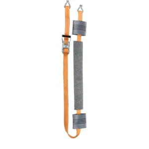 Orange adjustable safety harness with padded gray waist belt and metal buckles, shown fully extended for climbing safety