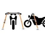 Silhouettes of a person and a motorcycle with orange lifting straps and a bar, illustrating a hoist setup