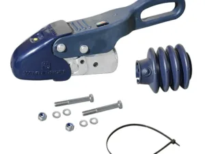 Manual ratchet winch kit with blue housing, handle, mounting bolts, washers, and a black strap for securing loads