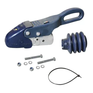 Manual ratchet winch kit with blue housing, handle, mounting bolts, washers, and a black strap for securing loads