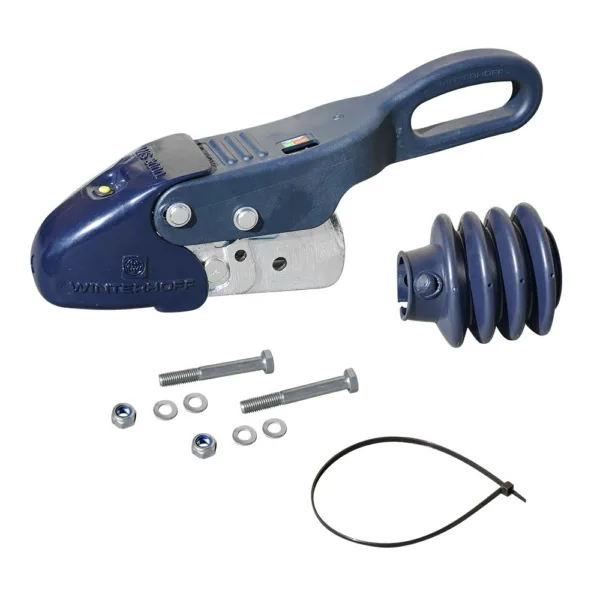 Manual ratchet winch kit with blue housing, handle, mounting bolts, washers, and a black strap for securing loads